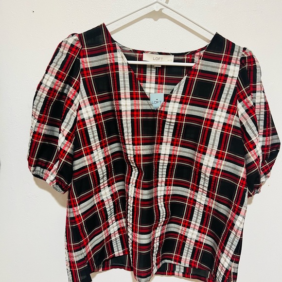 Loft medium red/black/white plaid top sheer/ elastic ruffle sleeves NWT Holiday - Picture 11 of 11